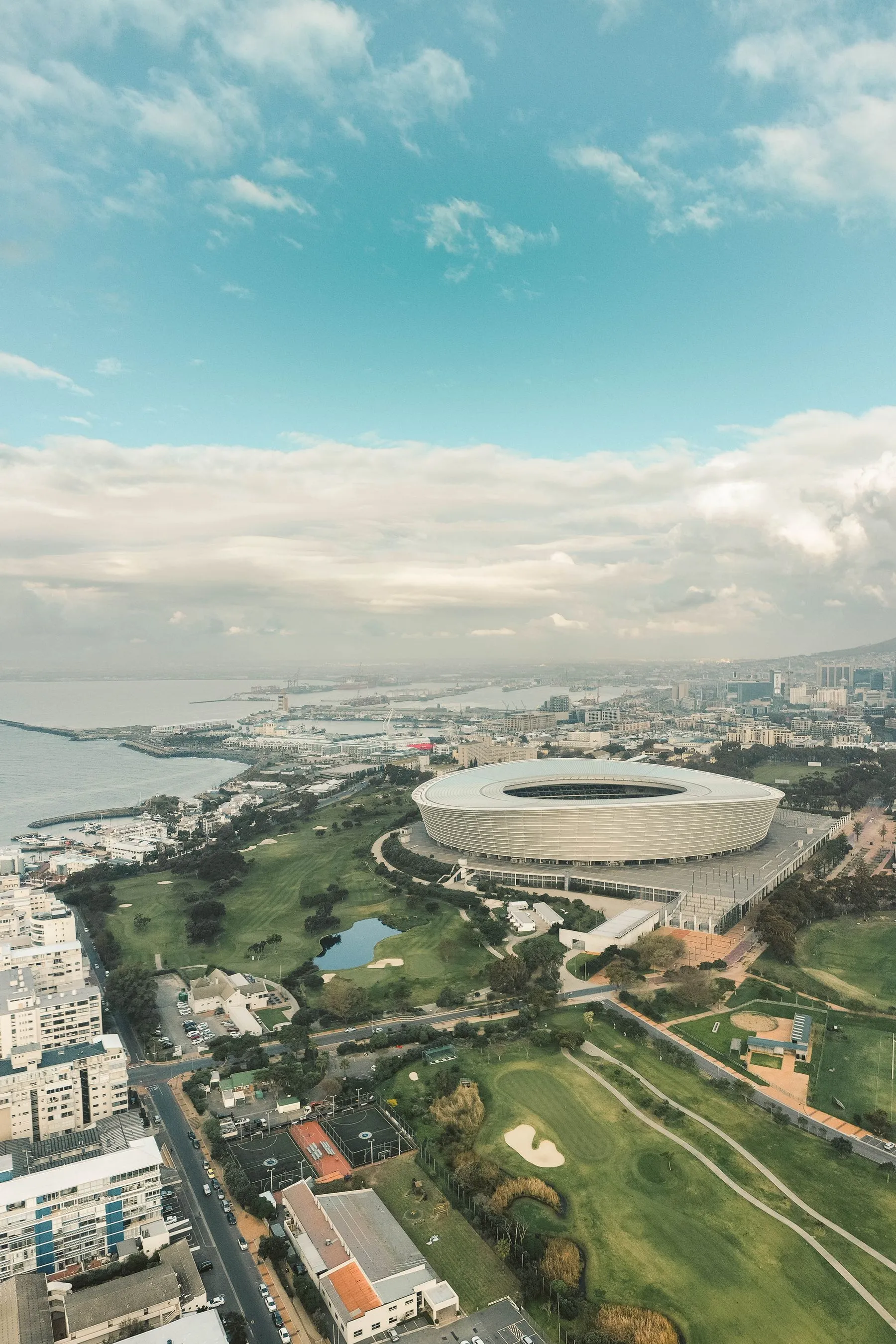 Aerial view of Green Point, Cape Town: DHL Stadium and the coastal strip that holds both marathon start areas and the finish.