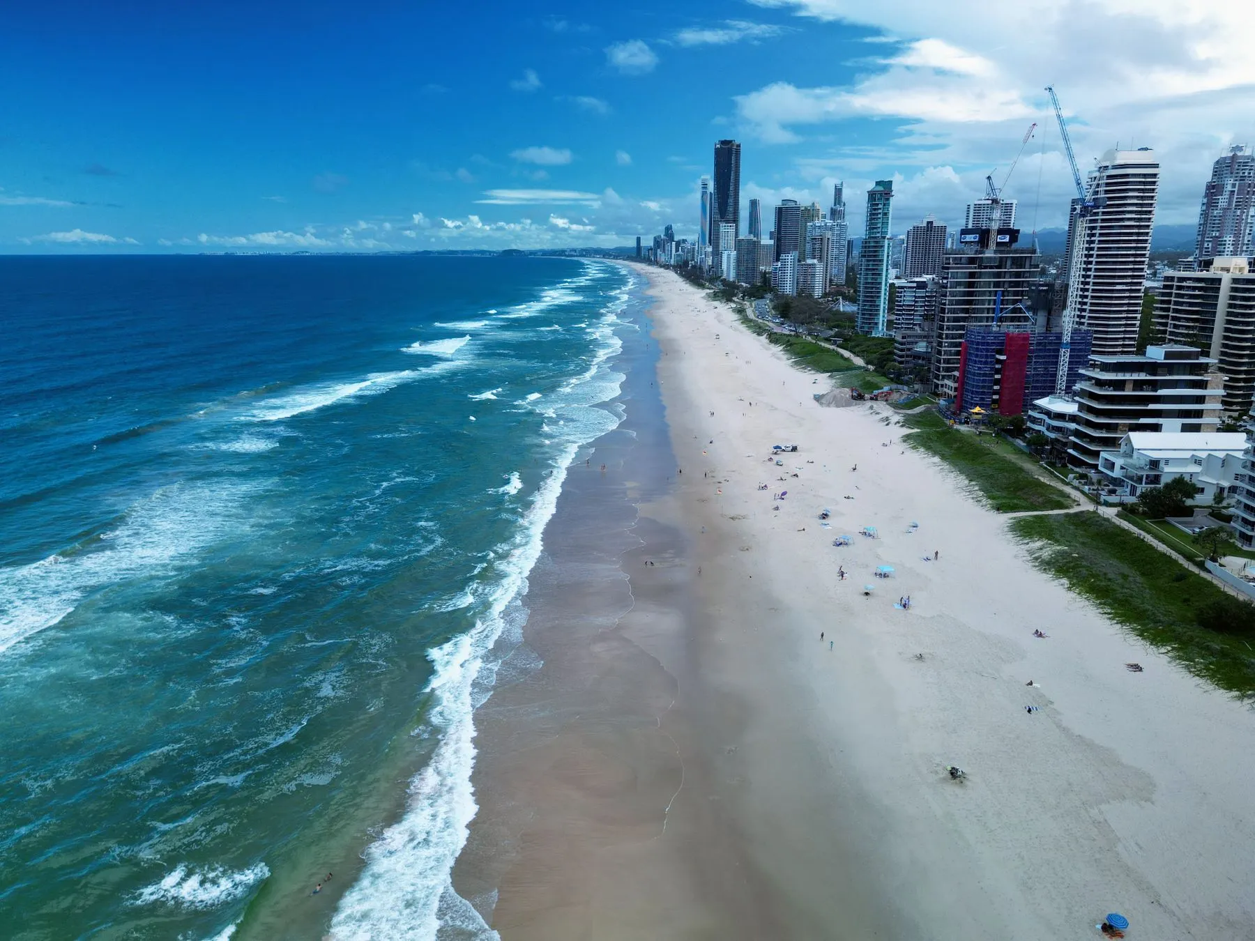 The Gold Coast beach meeting the skyline from the air, the marathon runs the coastal strip from a precinct at Broadwater Parklands in Southport.